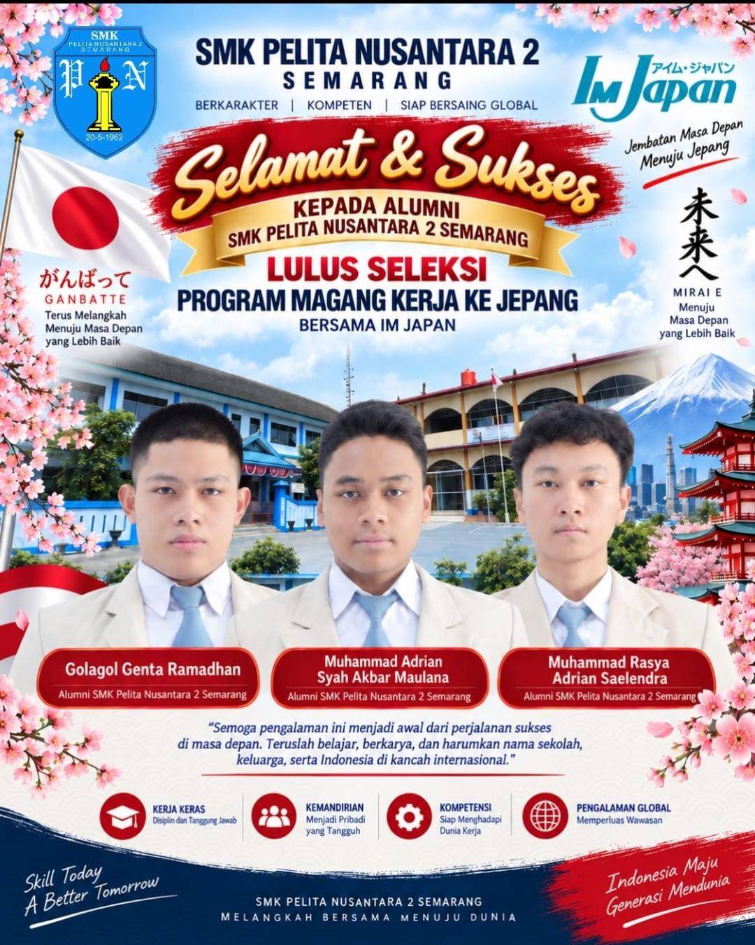 Tiga Alumni SMK Pelita Nusantara 2 Semarang Lulus Seleksi Magang ke Jepang Bersama IM Japan
